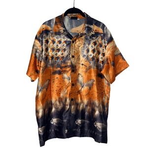 Positano Artistic Graphic Button Down Mens Large Orange Black Crinkle‎ Shirt
